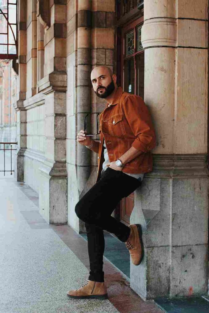 How to Style Brown Jacket with Pants and T-shirt Casual