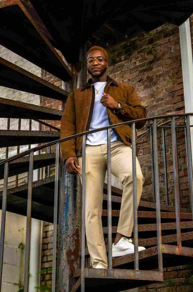 How to Style Brown Jacket with Pants and T-shirt Casual